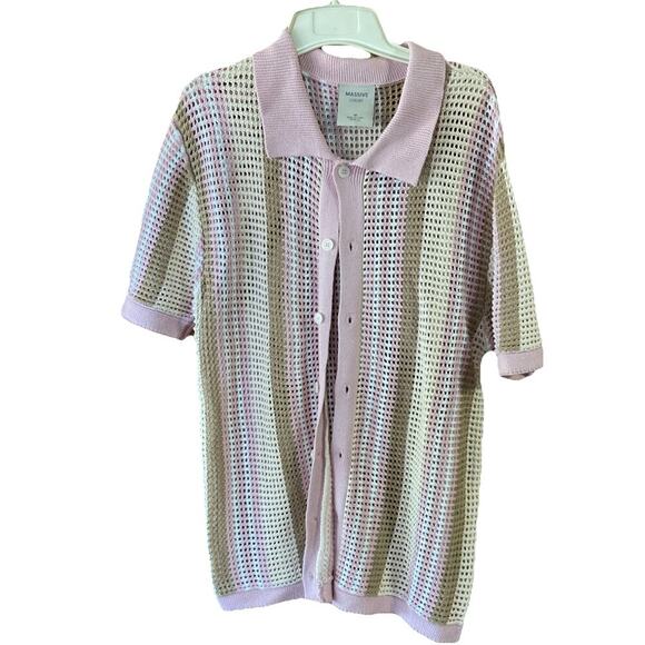 Massive Luxury Crochet Knit Polo Shirt Sz M New Pink White Brown Button Closure - Picture 2 of 10